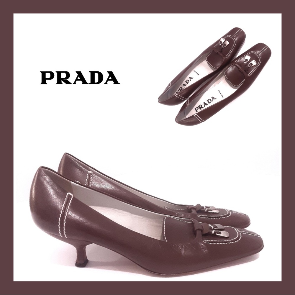 Prada Brown with White Stitching Leather Heels 36